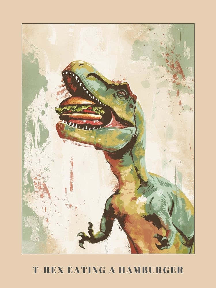 T Rex Eating A Hamburger Teal & Beige Poster