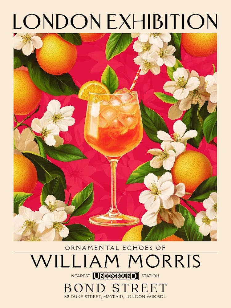 Aperol Spritz cocktail print William Morris style maximalist floral art, summer inspired drink wall art vintage botanical still life eclectic decor for bar cart, living room, kitchen, dining room 19