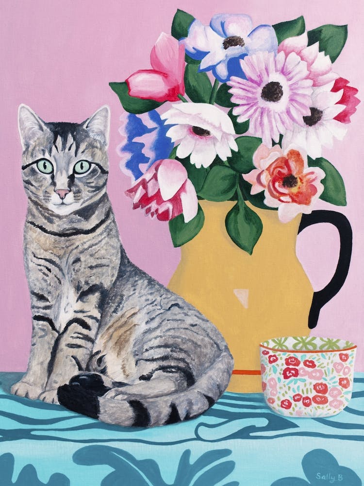 Cat With Flowers And Cup