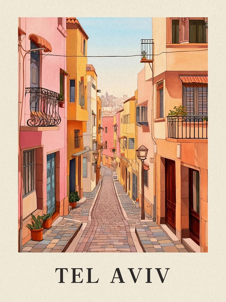 Tel Aviv Israel 2 Vintage Pink Travel Illustration Poster