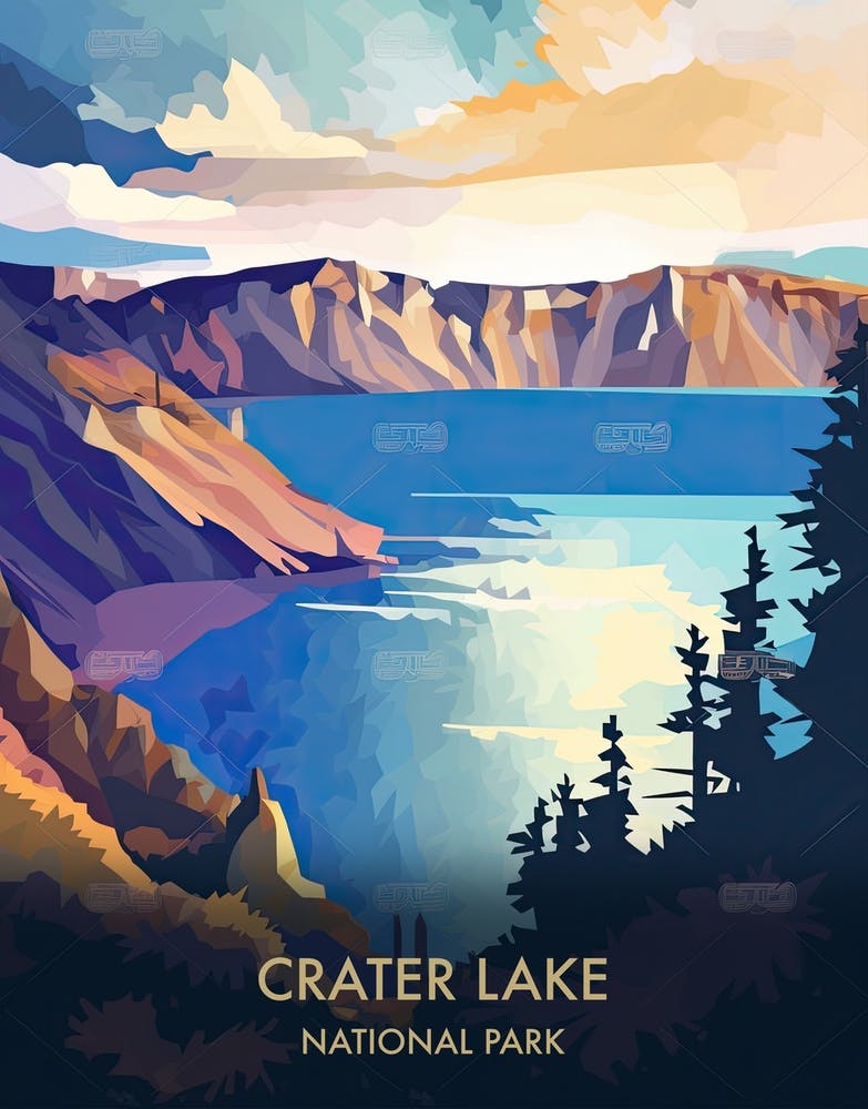 Crater Lake National Park Travel Poster Illustration Style 4