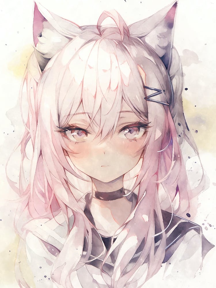 Kawaii Anime Girl With Pink Hair and Cat Ears Neko Nekomimi Watercolor Otaku