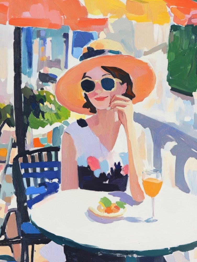 Woman Having Breakfast in Cafe Gouache Painting