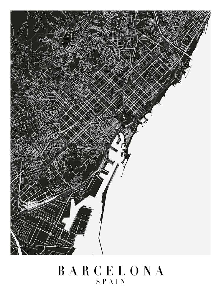 Barcelona Spain Minimal Black Mono Street Map