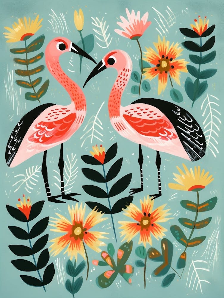 Folk Style Bird Painting Flamingo 4