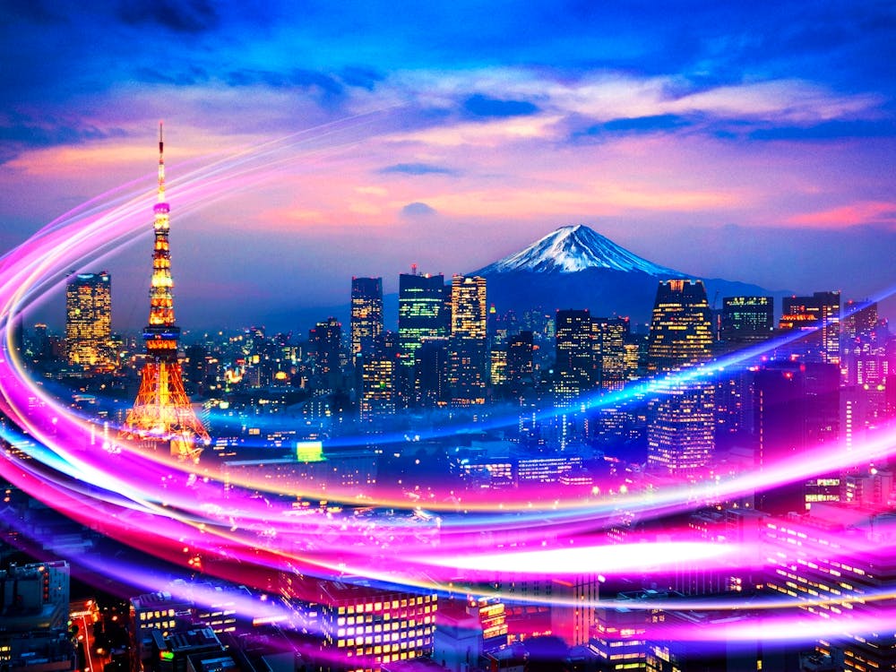 Neon city: Tokyo cityscape with Fuji mountain, Japan (synthwave/vaporwave/retrowave/cyberpunk) — aesthetic poster