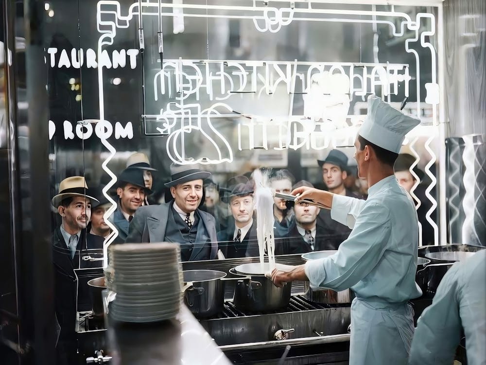 Cook Preparing Spaghetti Wall Art, Broadway Restaurant New York City 1930s, Colorized Vintage Print, Retro Pasta Poster, Kitchen Wall Decor