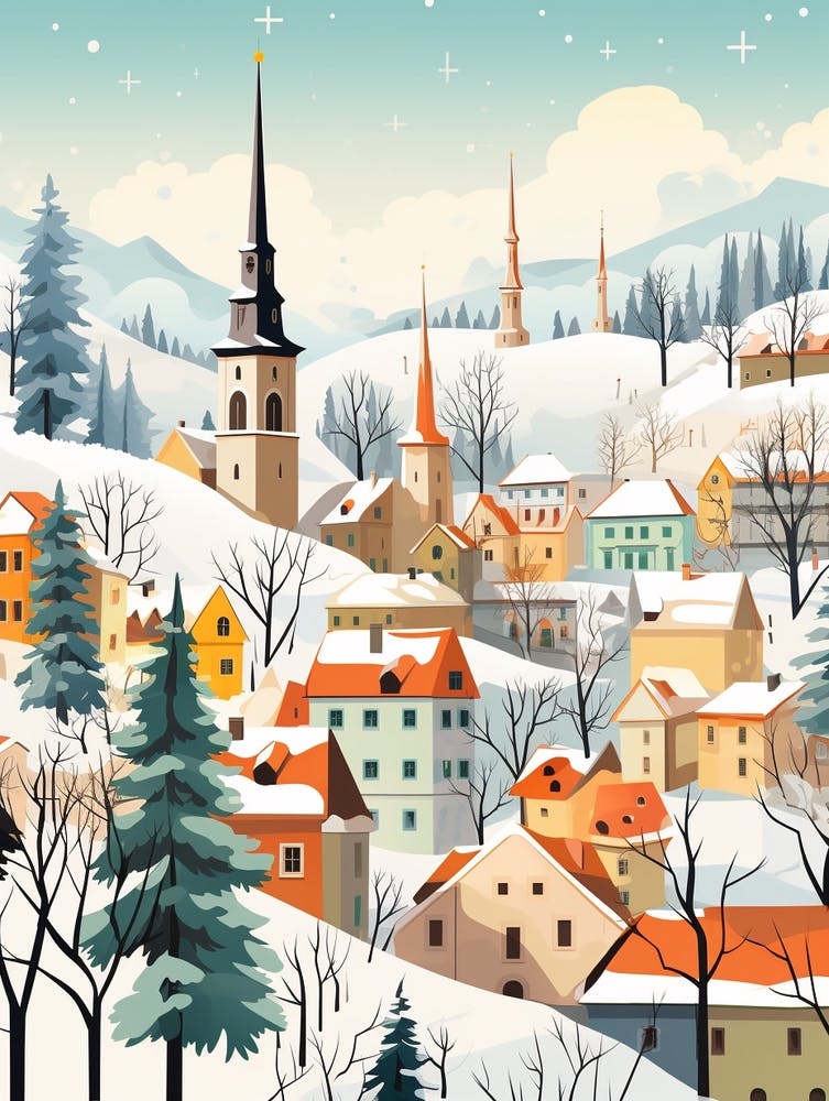 Vintage Winter Travel Illustration Cesky Krumloy Czechia 4
