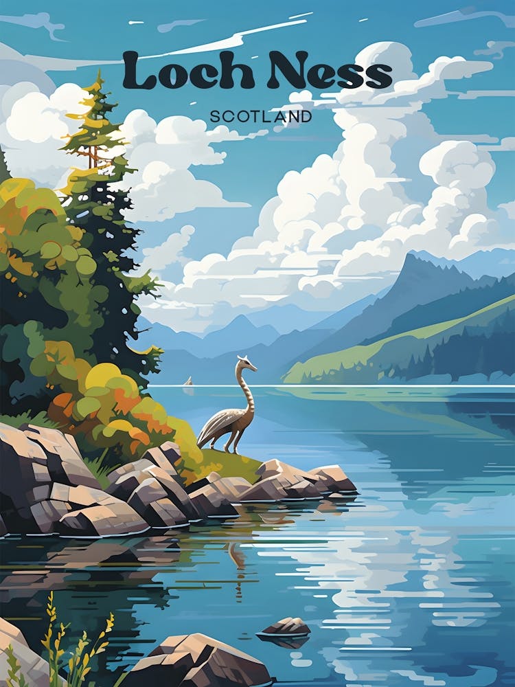Loch Ness Scotland Lake Modern Travel Illustration