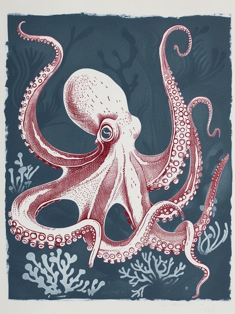Retro Red Navy Octopus Linocut Style 4