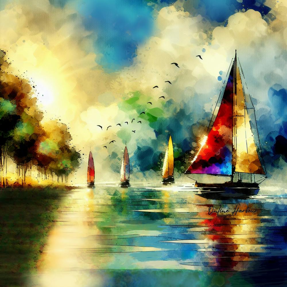 Sea Sailboats Blue Sky Sunset Artwork