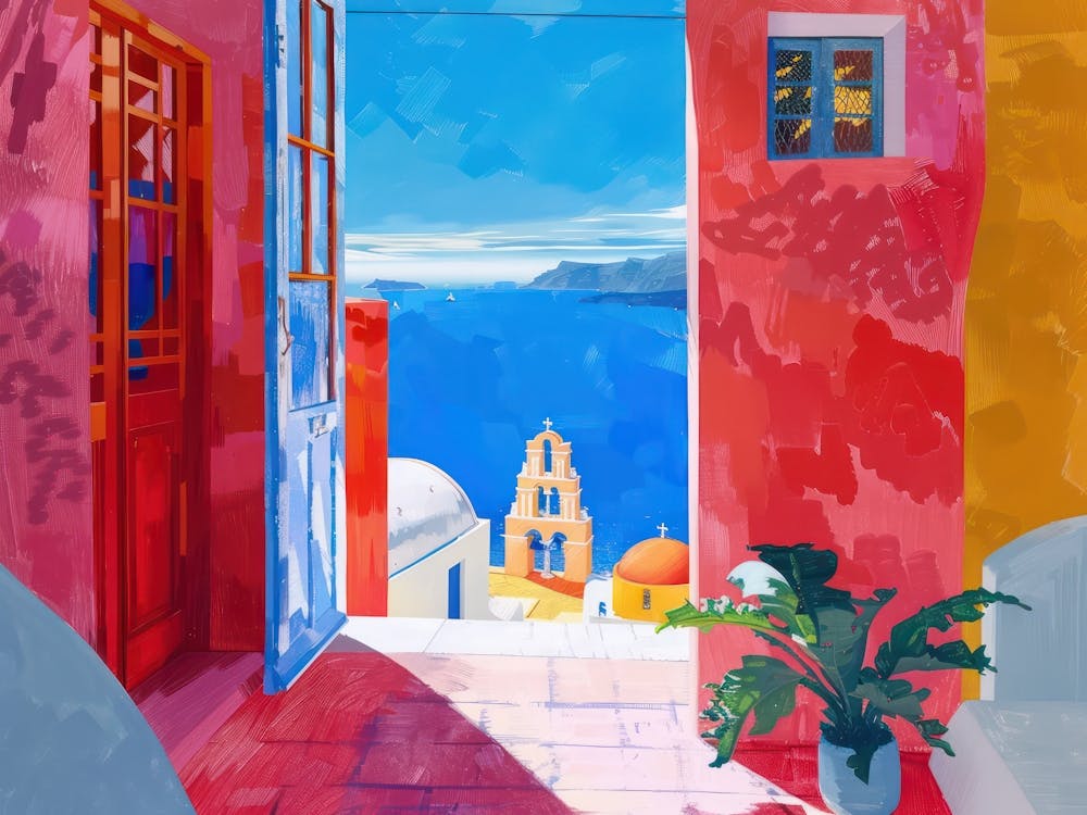Santorini From The Window View Painting 2