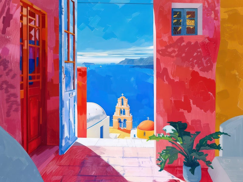 Santorini From The Window View Painting 2