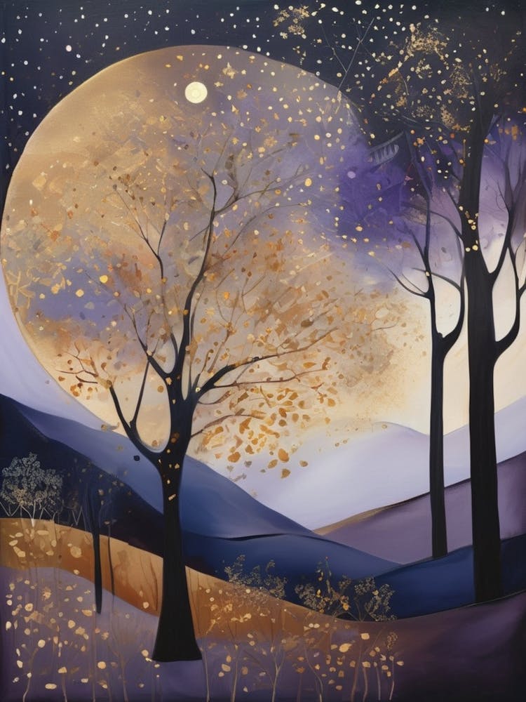 Cosmic Fall Night،
An ethereal boho painting that captures the beauty of a fall night sky. The background is a deep navy, speckled with tiny stars, while the foreground features silhouettes of autumn trees in shades of charcoal and dark olive. The moon is
