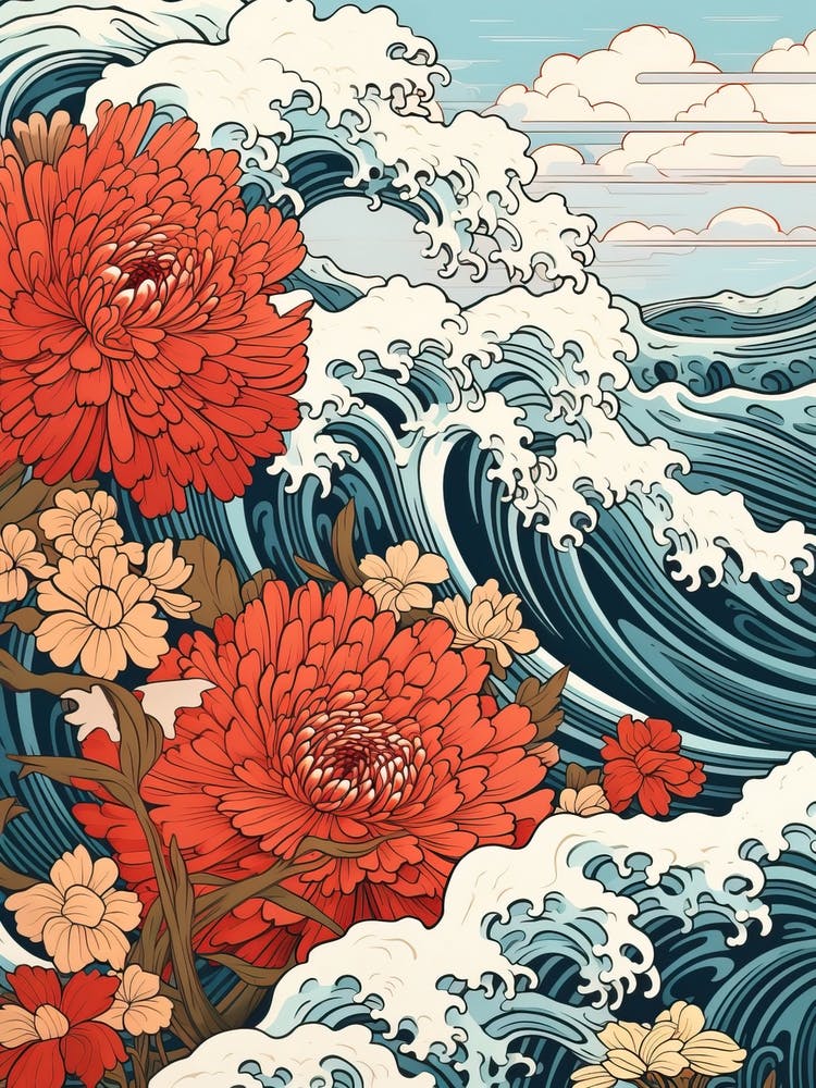 Great Wave With Chrysanthemum Flower Drawing In The Style Of Ukiyo E 1