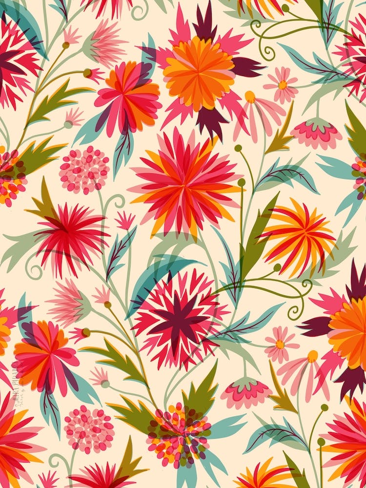 Screen Print Zinnia Dahlia Florals