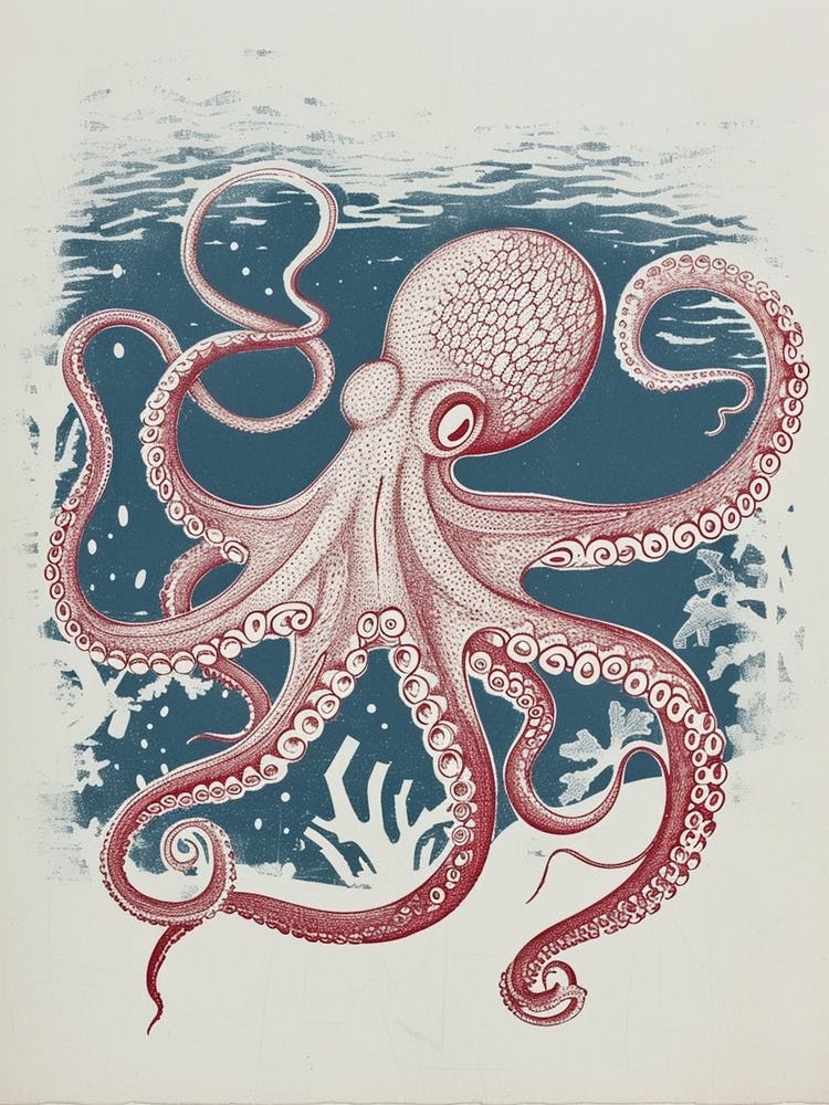 Retro Linocut Inspired Red & Navy Octopus 5