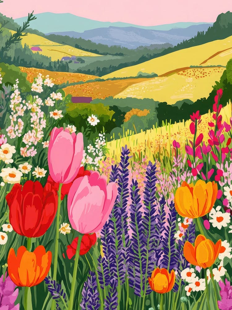 floral elegant painting of an English tulip meadow in bloom in red, lilac, yellow in the style of whimsical realism, flower art great for nursery, nature themed room decor or cozy bedrooms