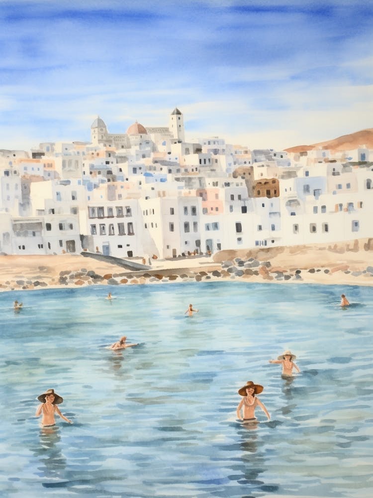 Swimming In Mykonos Greece 2 Watercolour
