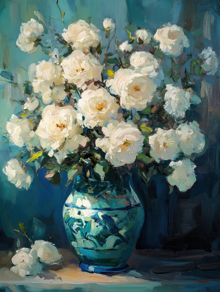 White Roses In A Blue Vase