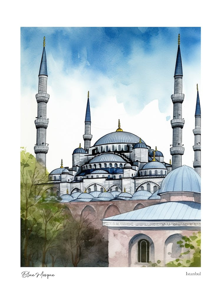 Blue Mosque, Istanbul 4 Watercolour Travel Poster