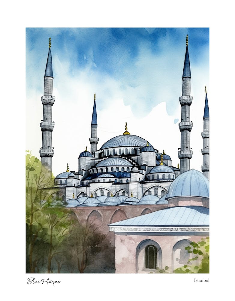 Blue Mosque, Istanbul 4 Watercolour Travel Poster