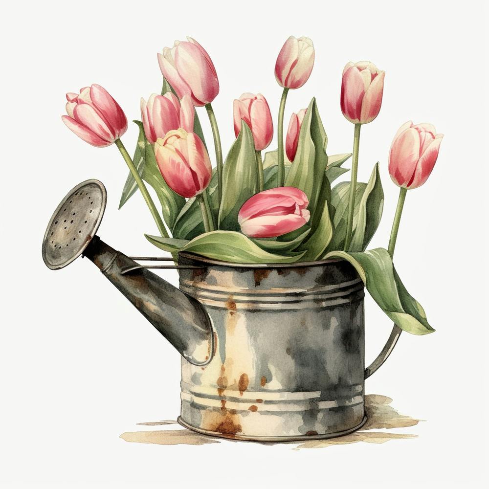 Vintage Watering Can With Tulips