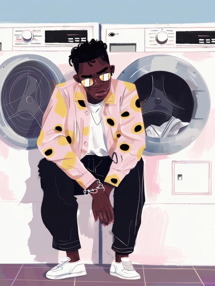 Man Sitting Next To Washing Machines
