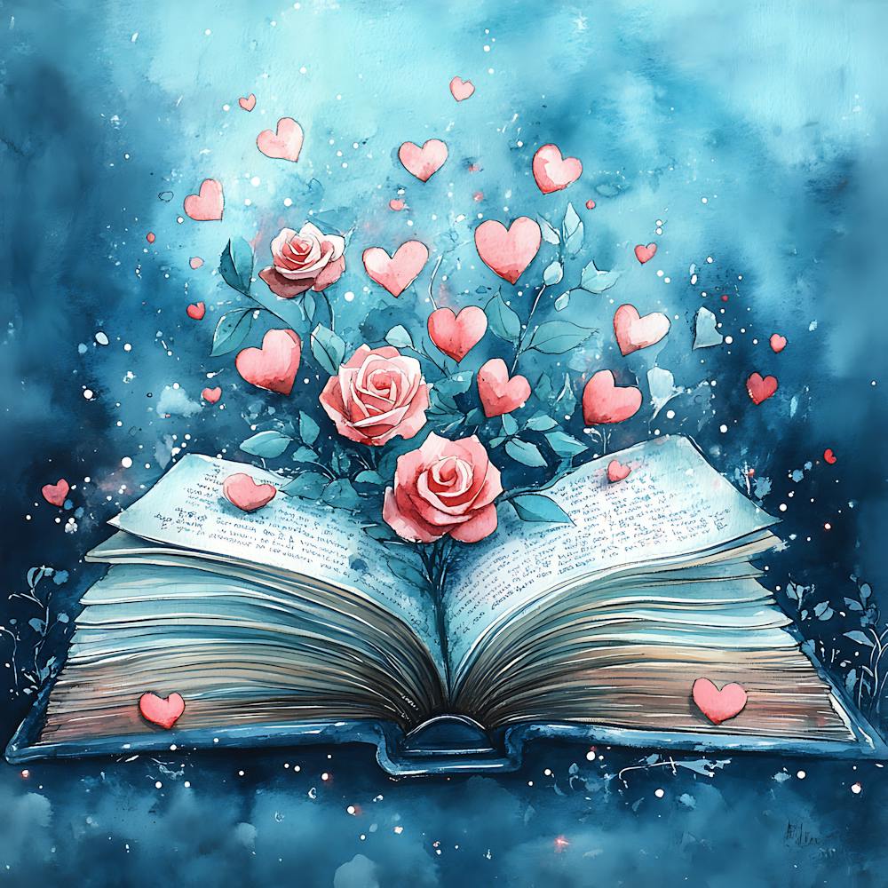 Watercolor Romantic Book Roses Hearts 10