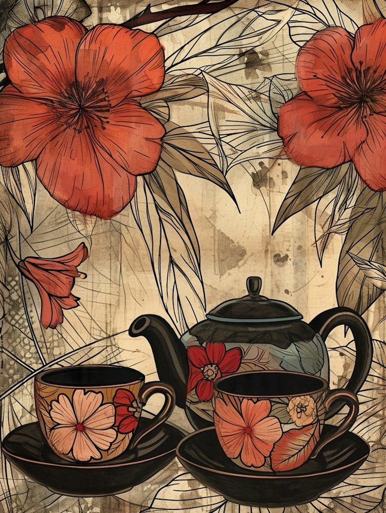 Watercolour Floral Teapot & Cups 3