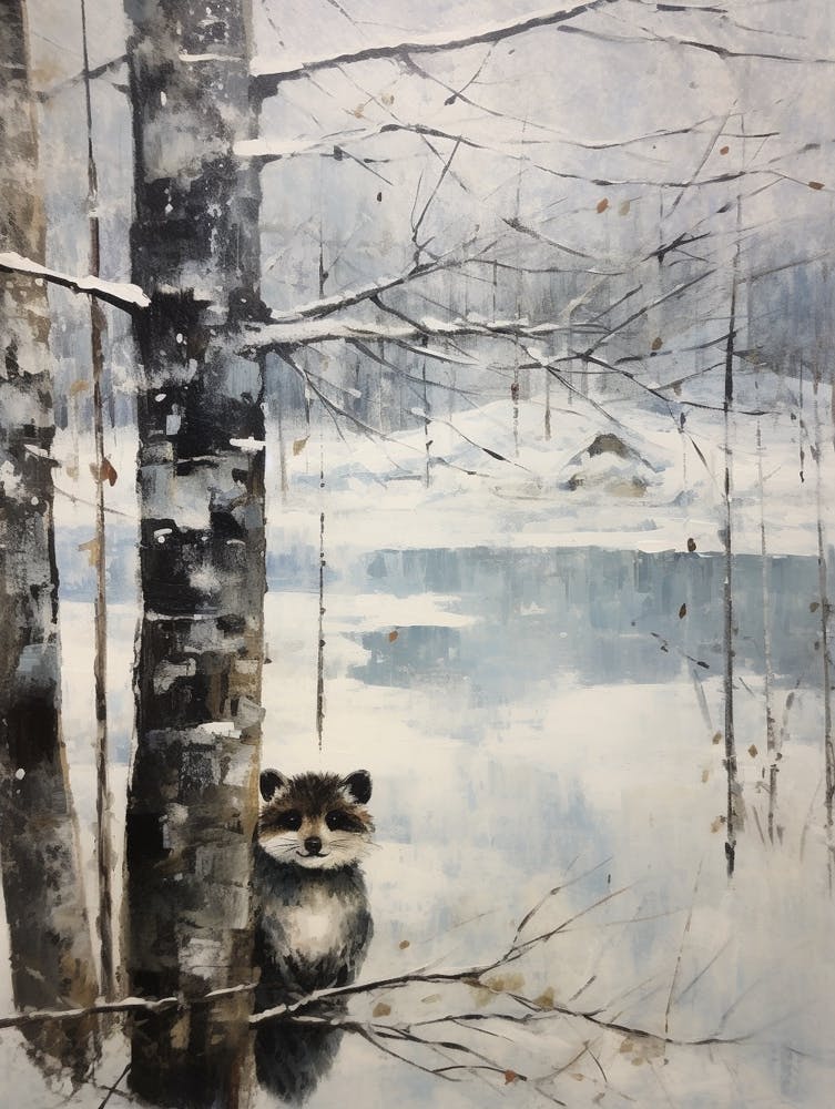 Vintage Winter Animal Painting Raccoon 2