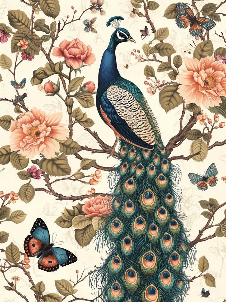Peacock With Butterflies Vintage Wallpaper Style 2