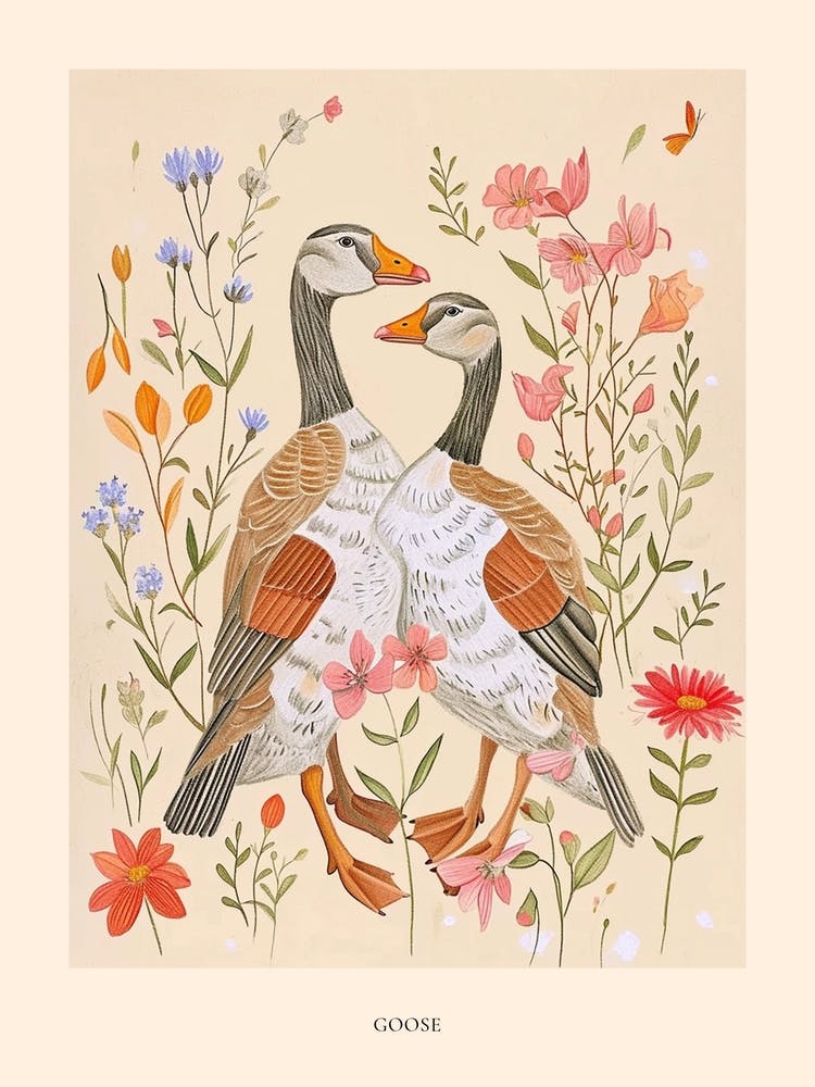 Folksy Floral Animal Drawing Goose 2 Poster