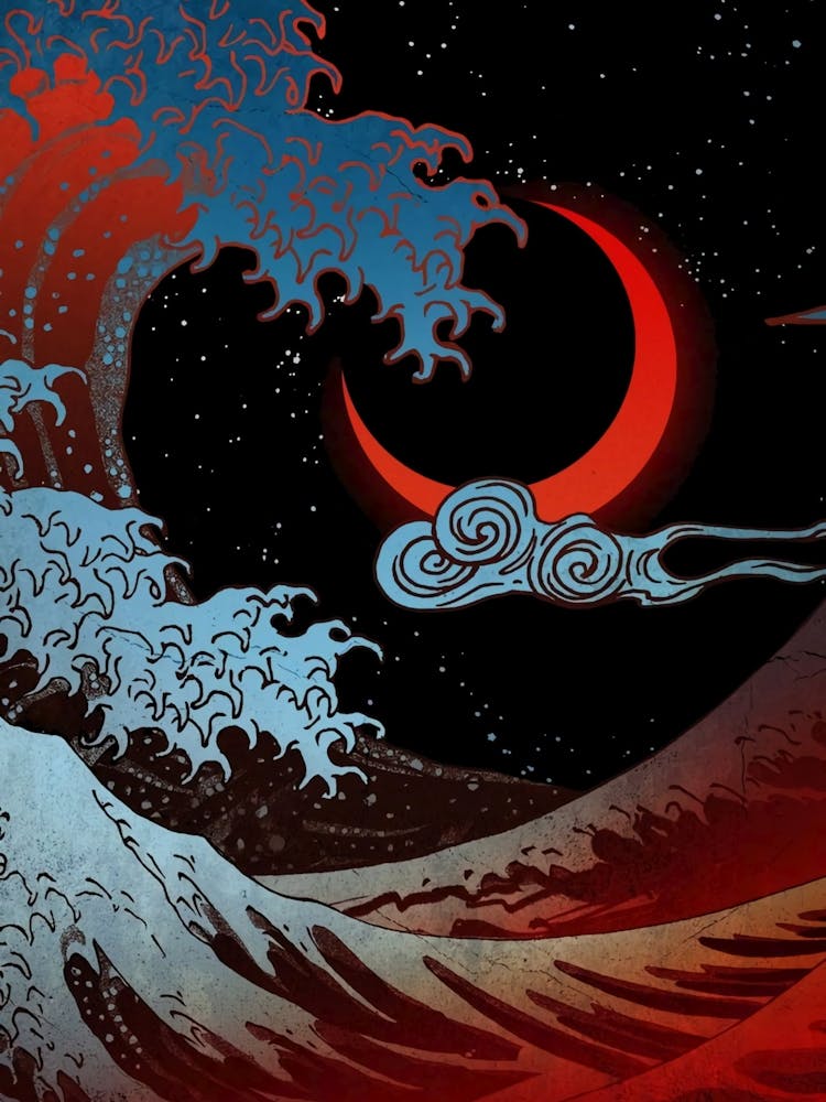 Night In The Ocean Red Waves Art Moon Dark Japanese Wave