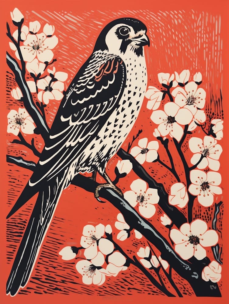 Vintage Bird Linocut American Kestrel 1