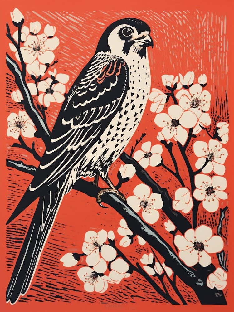 Vintage Bird Linocut American Kestrel 1