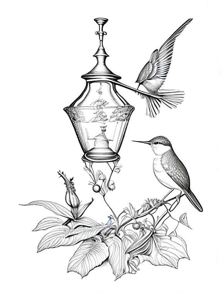 Hummingbird And Hummingbird Feeder Vintage Botanical Line Drawing