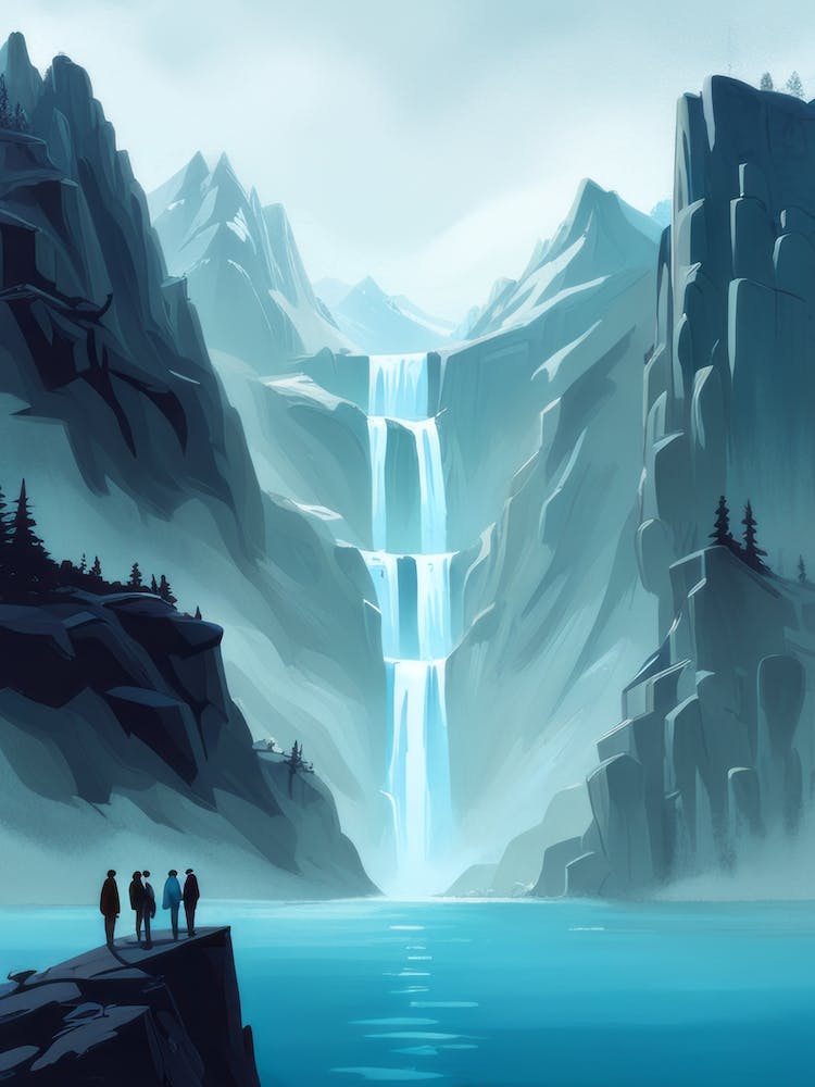 Surreal Traveller Figures Stand Looking At Magical Lake Hidden In Cold Mountains