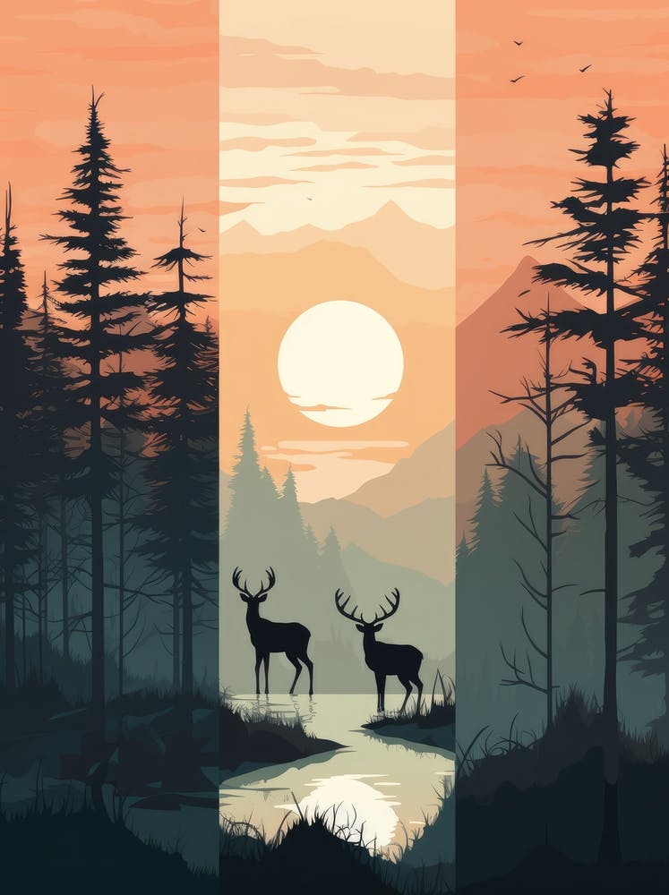 Deer In The Forest At Sunset 1