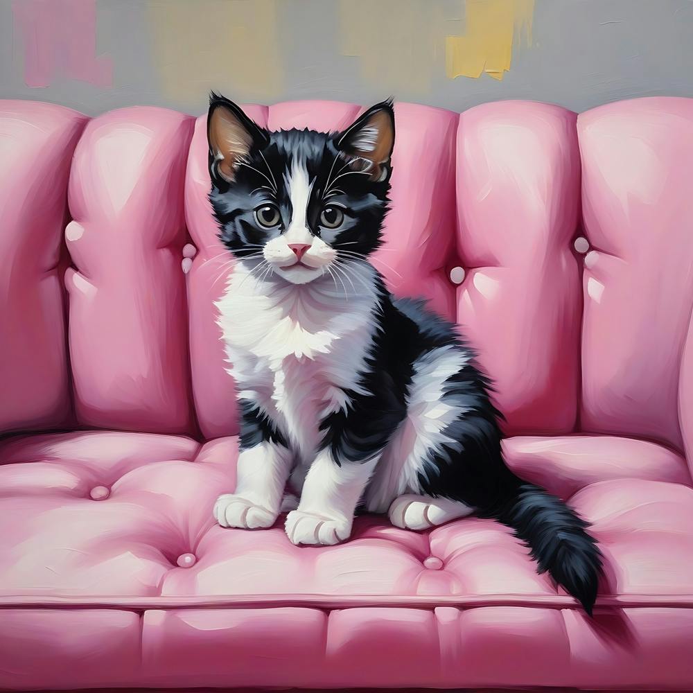 Tuxedo Kitten Sitting On Pink Sofa