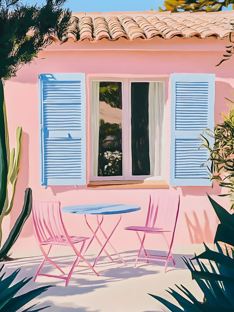 Pink House With Blue Shutters