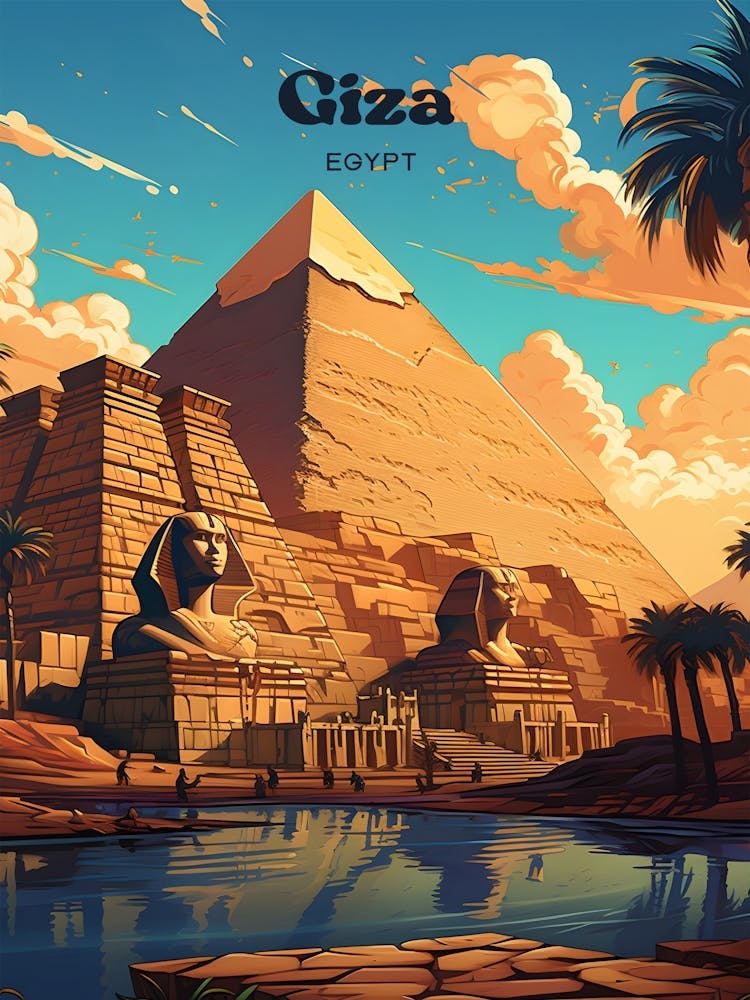 Giza Egypt Nile River Modern Travel Illustration