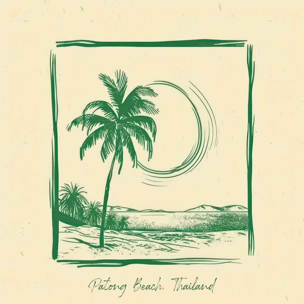 Patong Beach, Thailand Green Line Art Illustration
