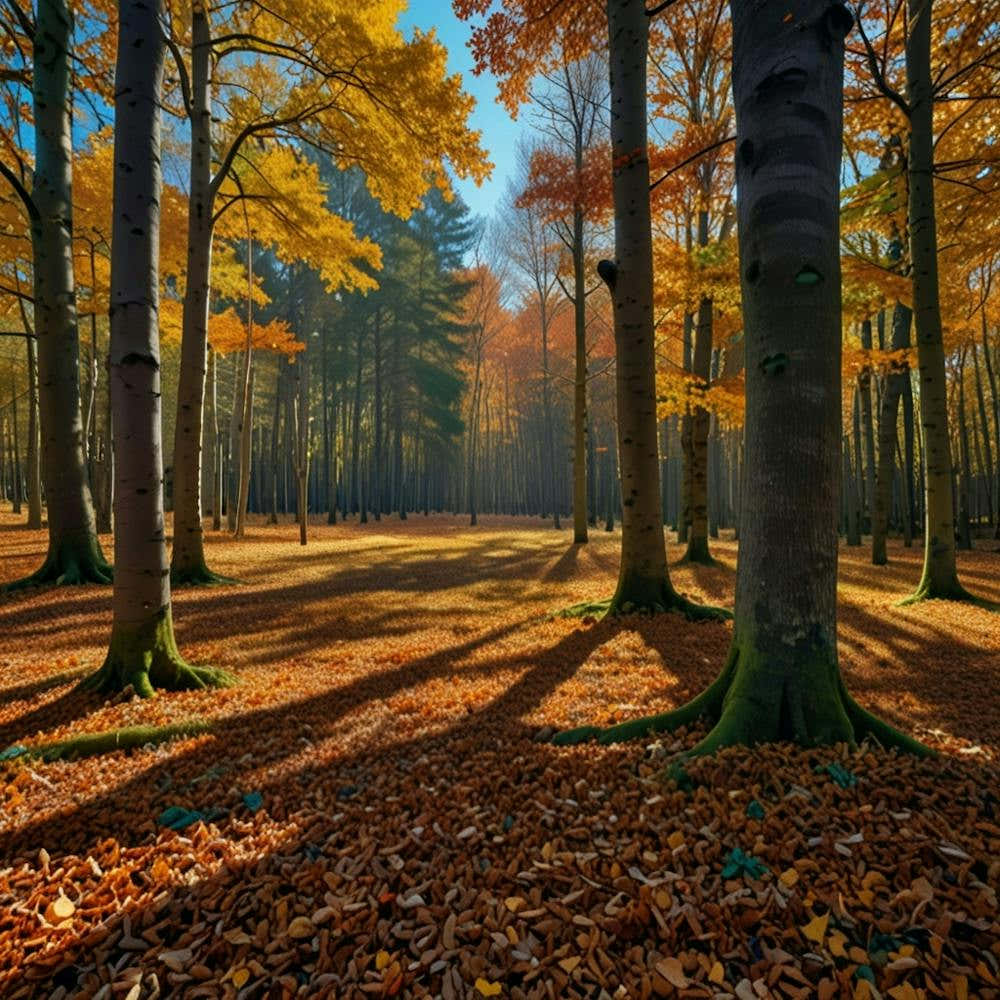 A Vibrant Autumn Forest With A Carpet Of Fallen Leaves And A Clear Blue Sky