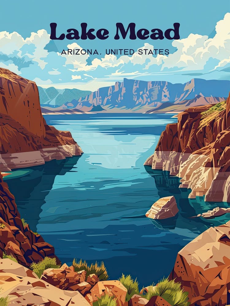Lake Mead Nevada Hoover Dam Travel Art Illustration