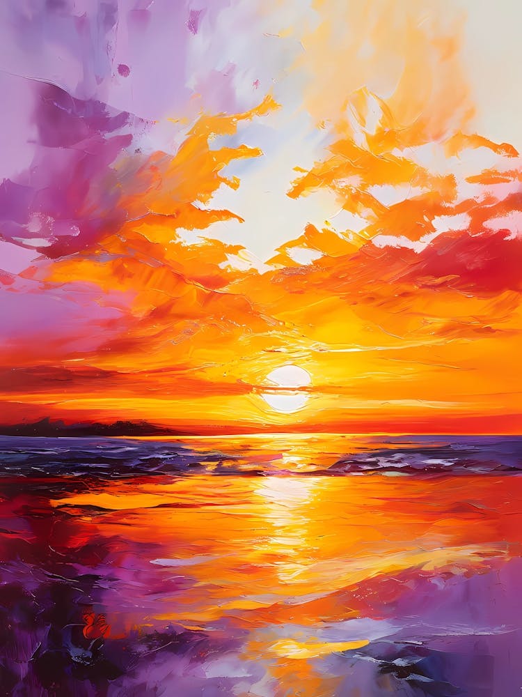 An Acrylic Painting Of A Vibrant Sunset Over A Tranquil Sea Sky Ablaze With Deep Oranges And Purple (1) (1)