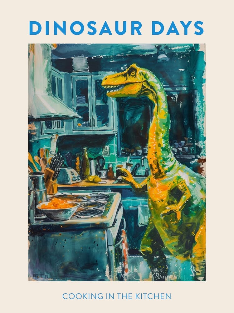 Cooking In The Kitchen Orange Blue Dinosaur Poster