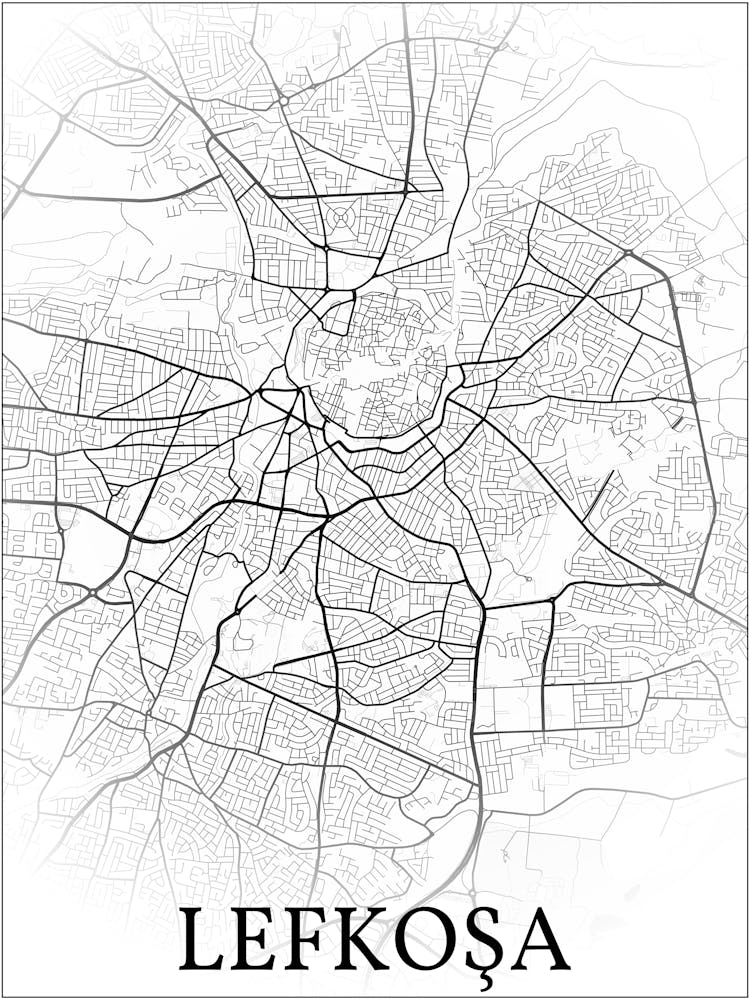 Lefkoşa Kibris, (Nicosia Cyprus), City Map, Black And White Fade Design