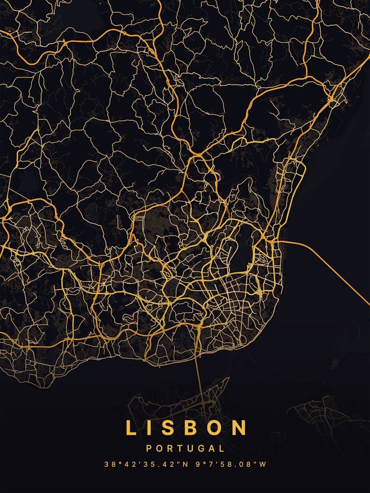 Lisbon Portugal Black And Gold Map
