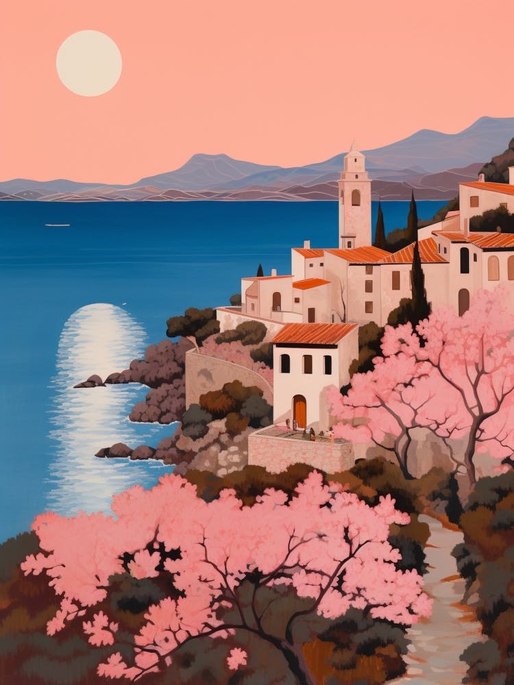 Mallorca Spain 1 Vintage Pink Travel Illustration